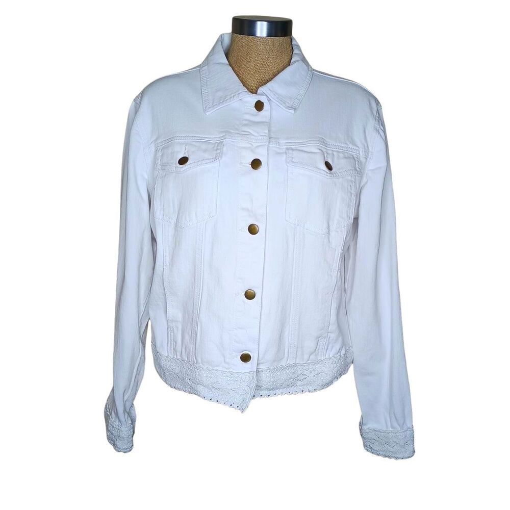 Vintage Y2K Twiggy London Denim Jean Jacket Womens Size M White Crochet Trim